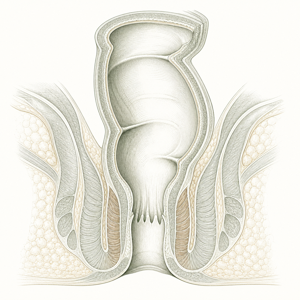 Anatomical diagram of the lower rectum and sphincter muscle where an anal fissure forms, for anal fissure treatment in Singapore