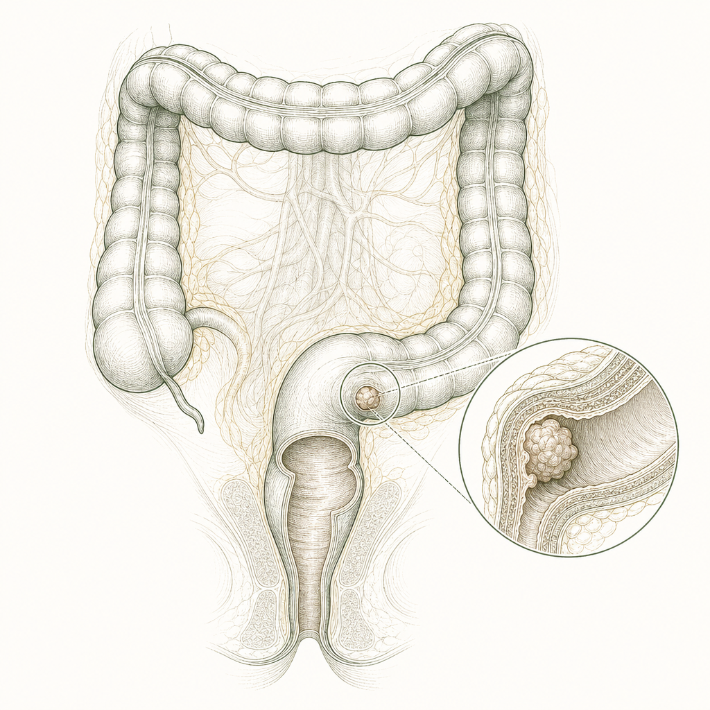 Anatomical diagram of the colon and rectum highlighting a small tumour, for colorectal cancer screening in Singapore
