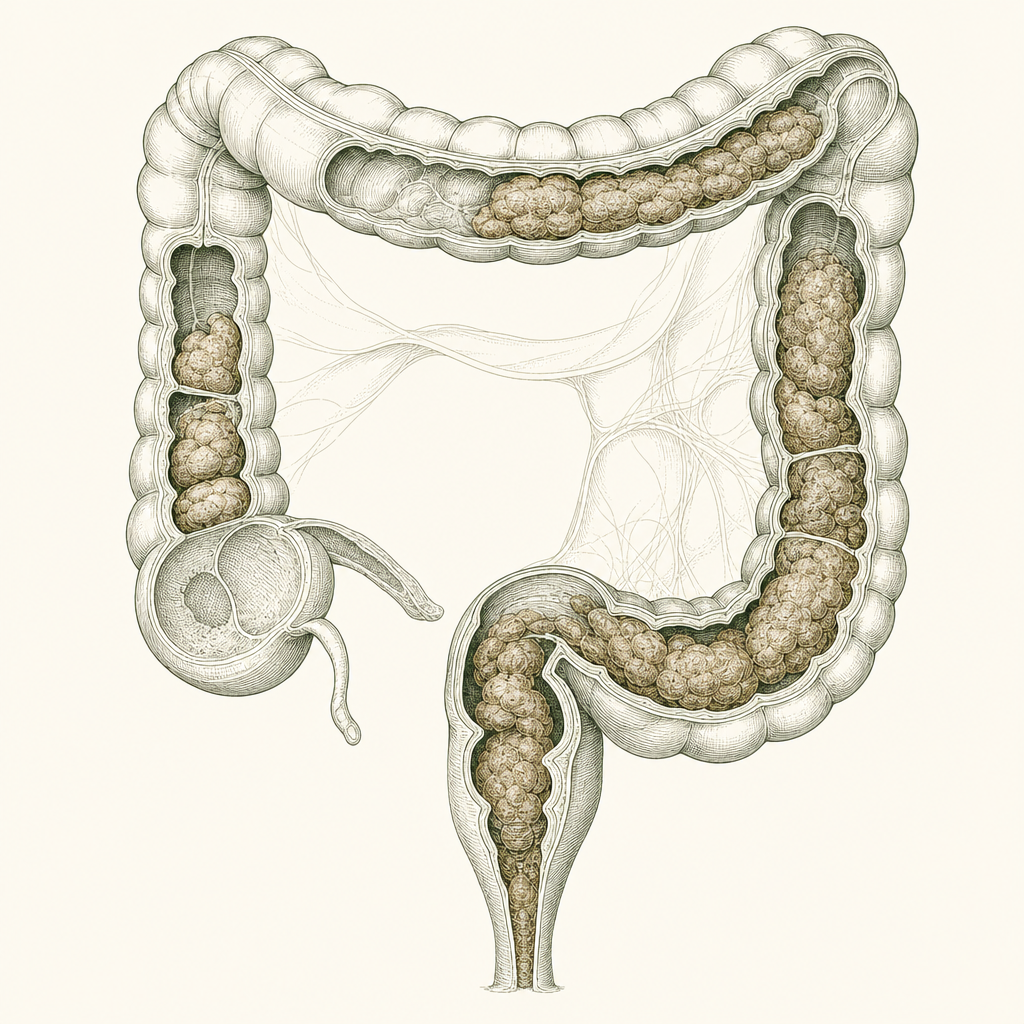 Anatomical diagram of the large intestine showing slow transit and retained stool, for chronic constipation treatment in Singapore