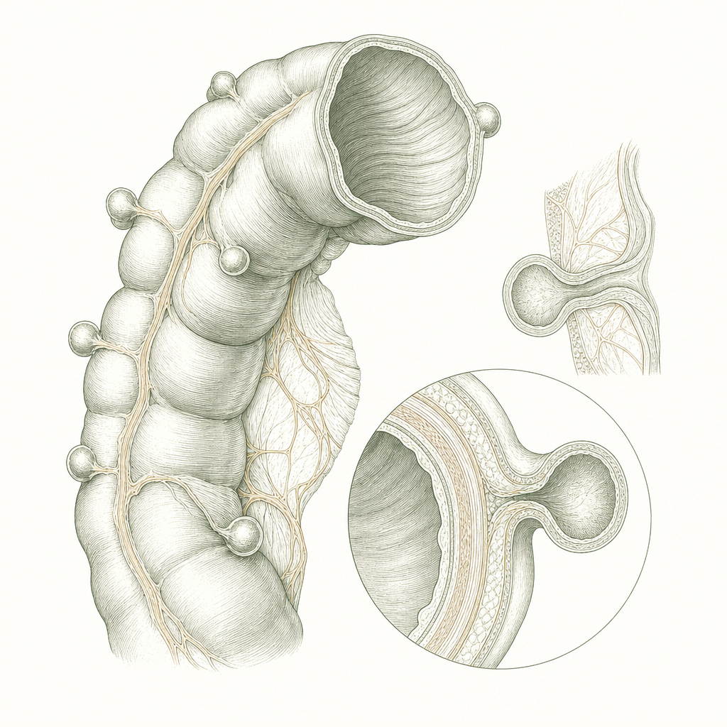 Anatomical diagram of the colon wall with small diverticula pouches, for diverticular disease treatment in Singapore