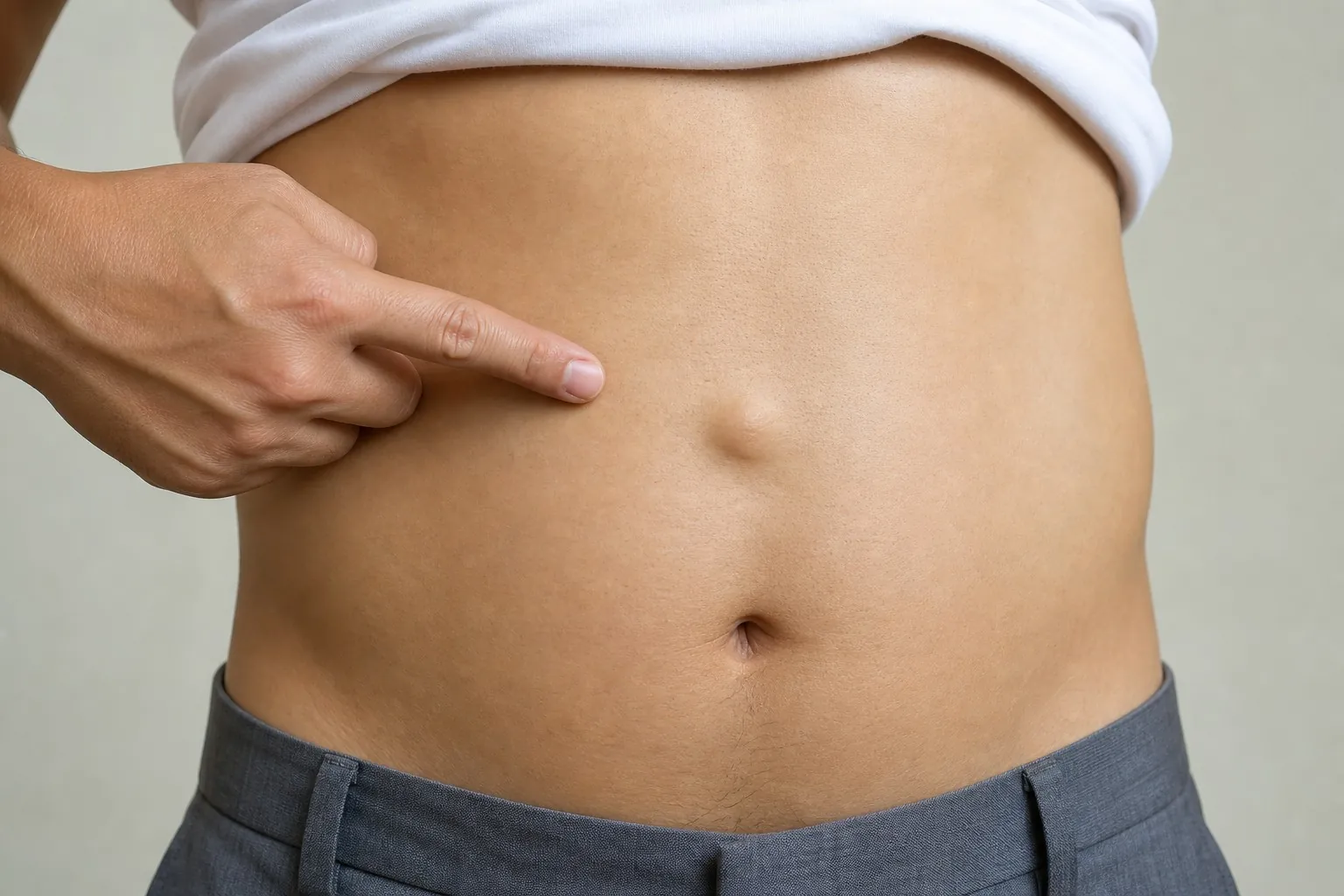 A person pointing to a small rounded swelling in the middle of the upper abdomen, above the navel, where an epigastric hernia shows
