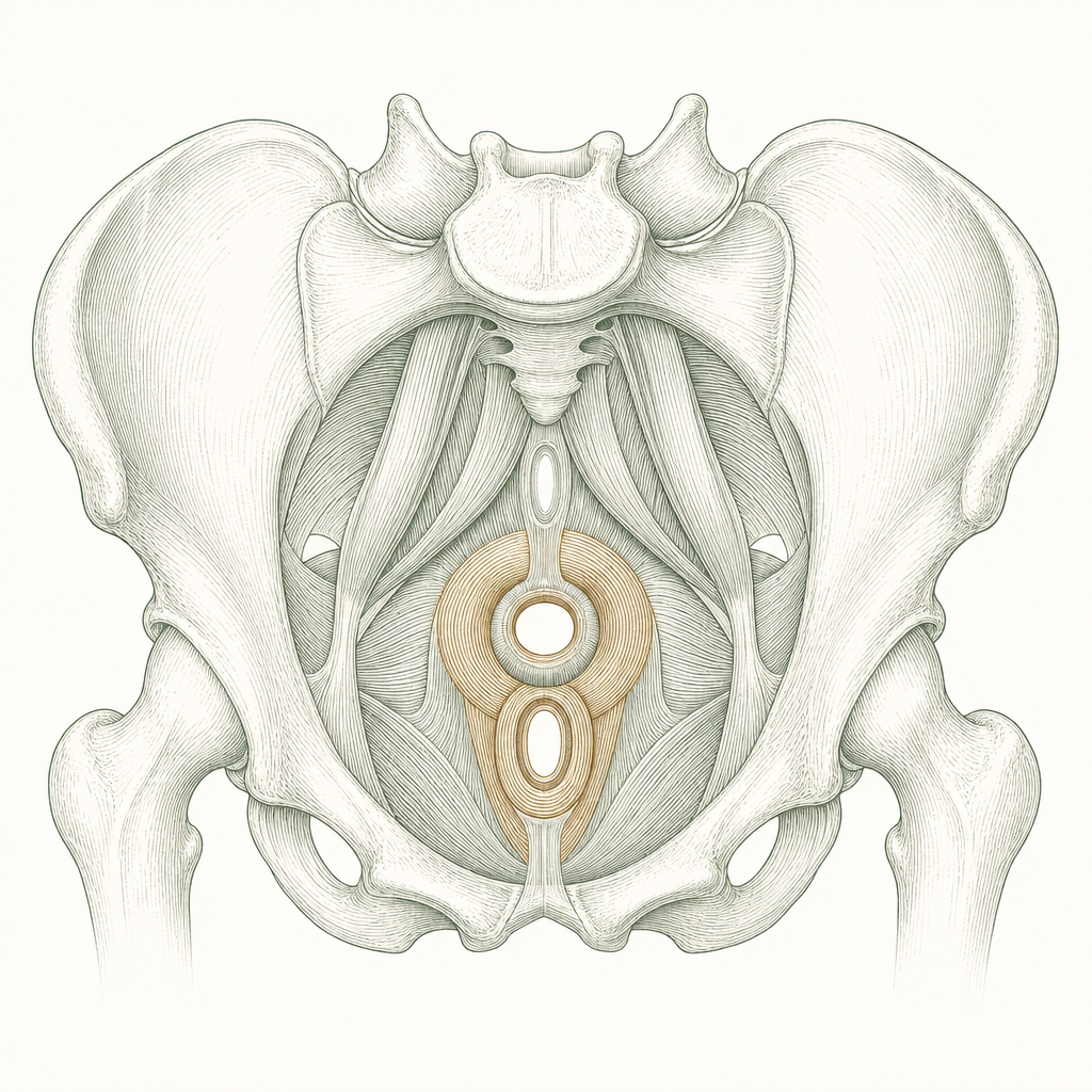 Anatomical diagram of the pelvic floor and sphincter muscles that control bowel continence, for faecal incontinence treatment in Singapore
