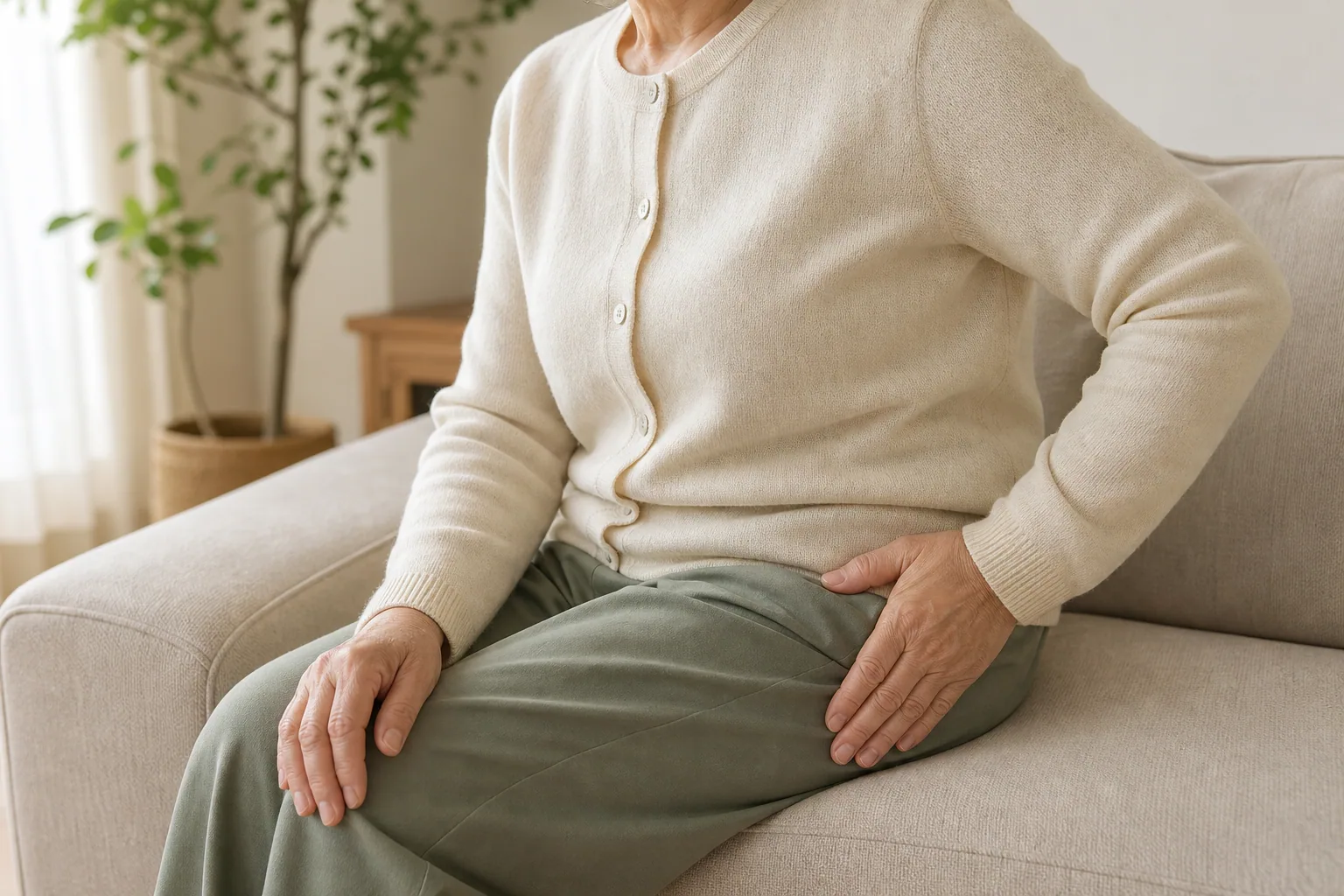 An older woman sits on a sofa at home with one hand resting on her upper thigh, her face out of frame