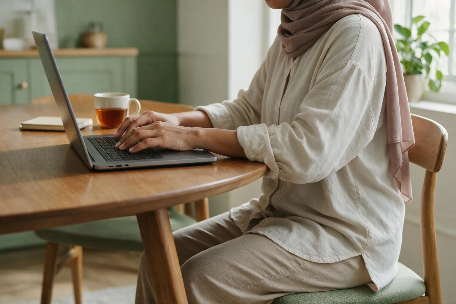 A woman working at a laptop at her dining table at home, a mug of tea beside her
