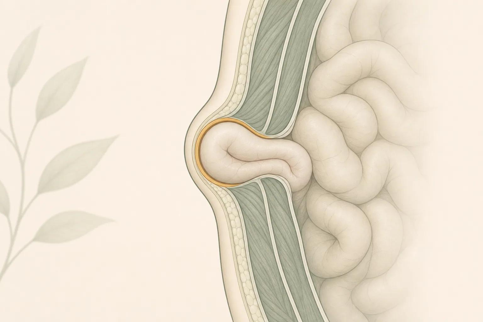 Illustration of a hernia, showing tissue pushing through a weak spot in the abdominal wall