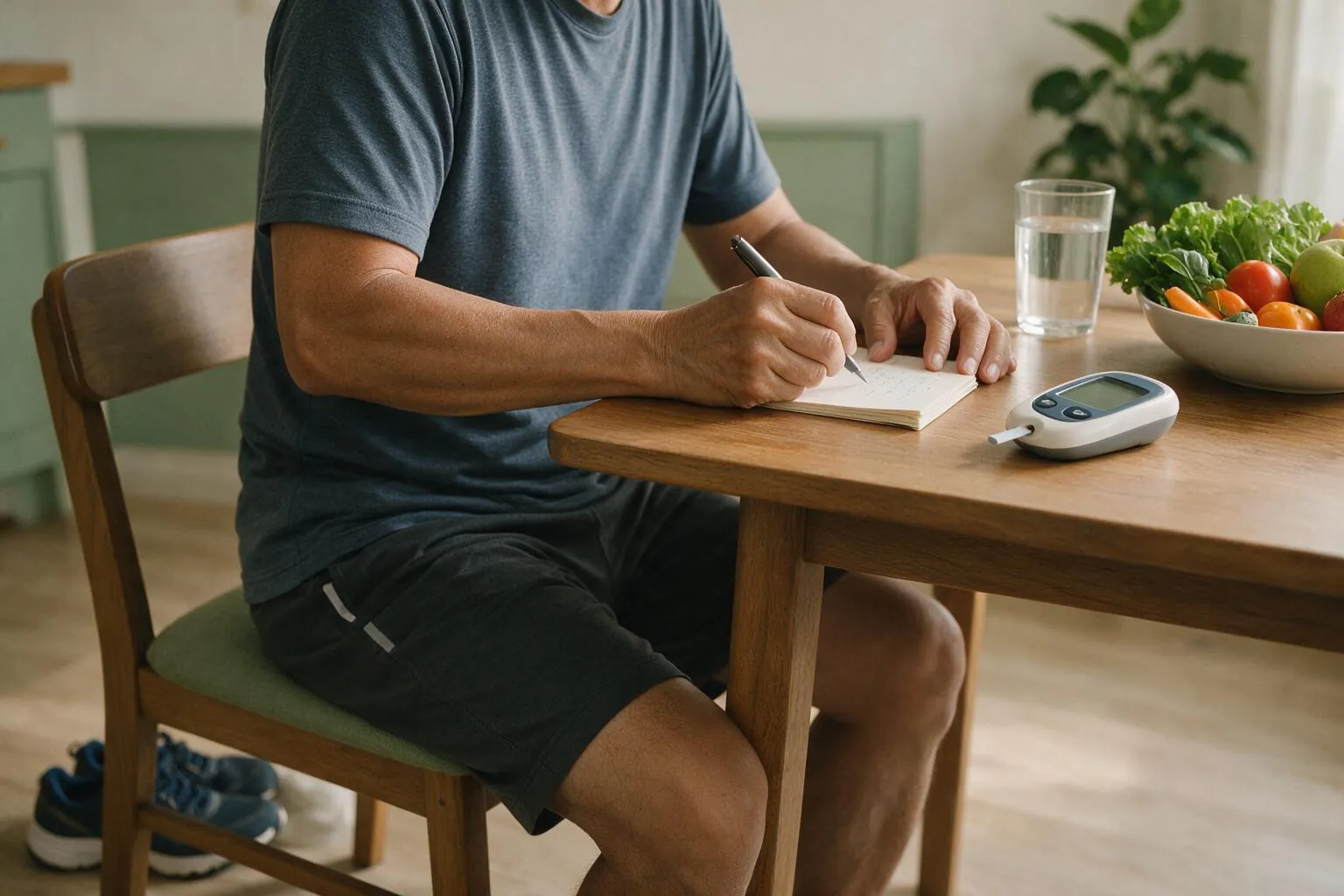 A man at his kitchen table writing in a notebook beside a blood-sugar meter, a glass of water and a bowl of vegetables, with walking shoes by his chair