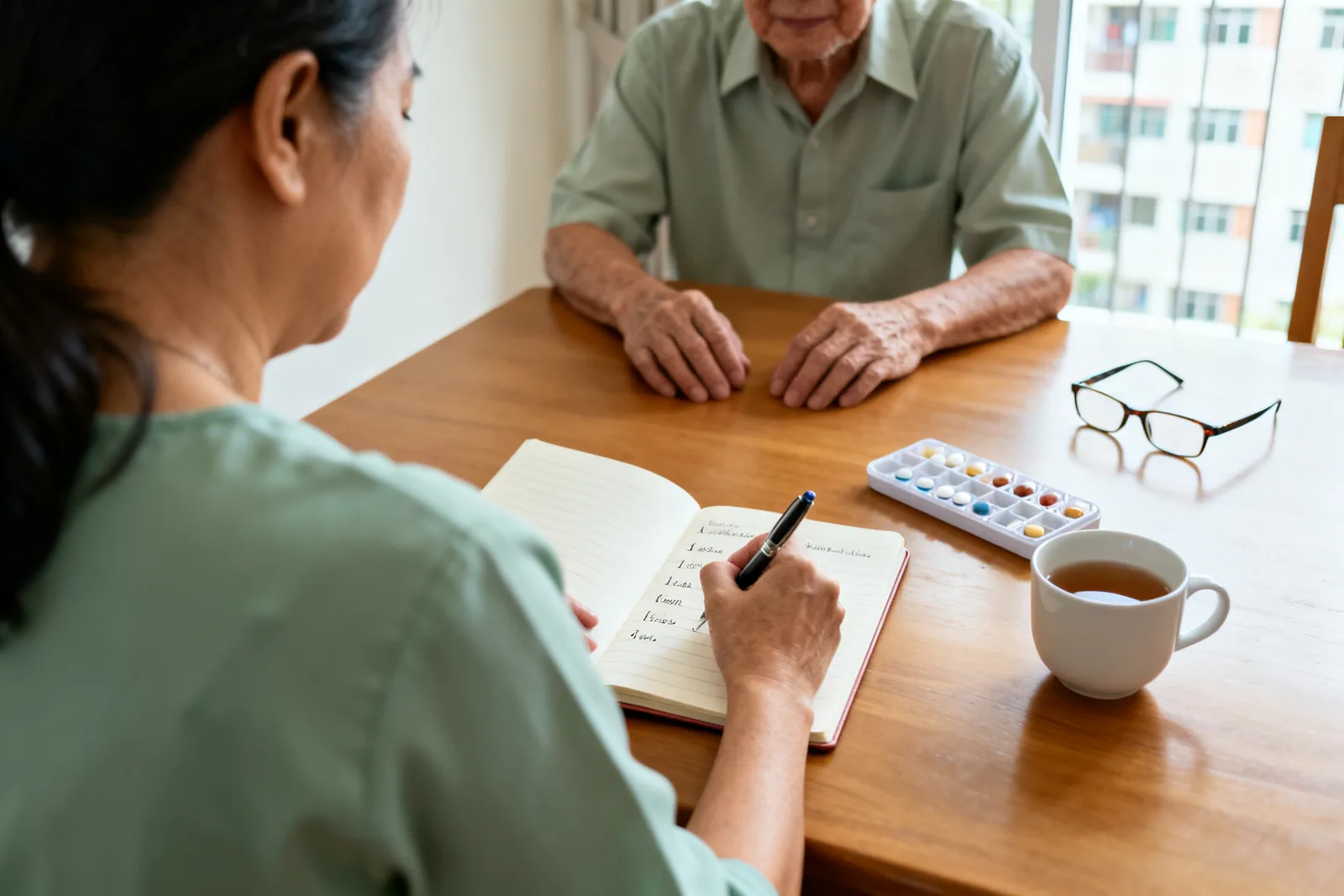 A woman writes a list of questions in a notebook at a table, across from an older man. A pill organiser, reading glasses and a cup of tea sit nearby.