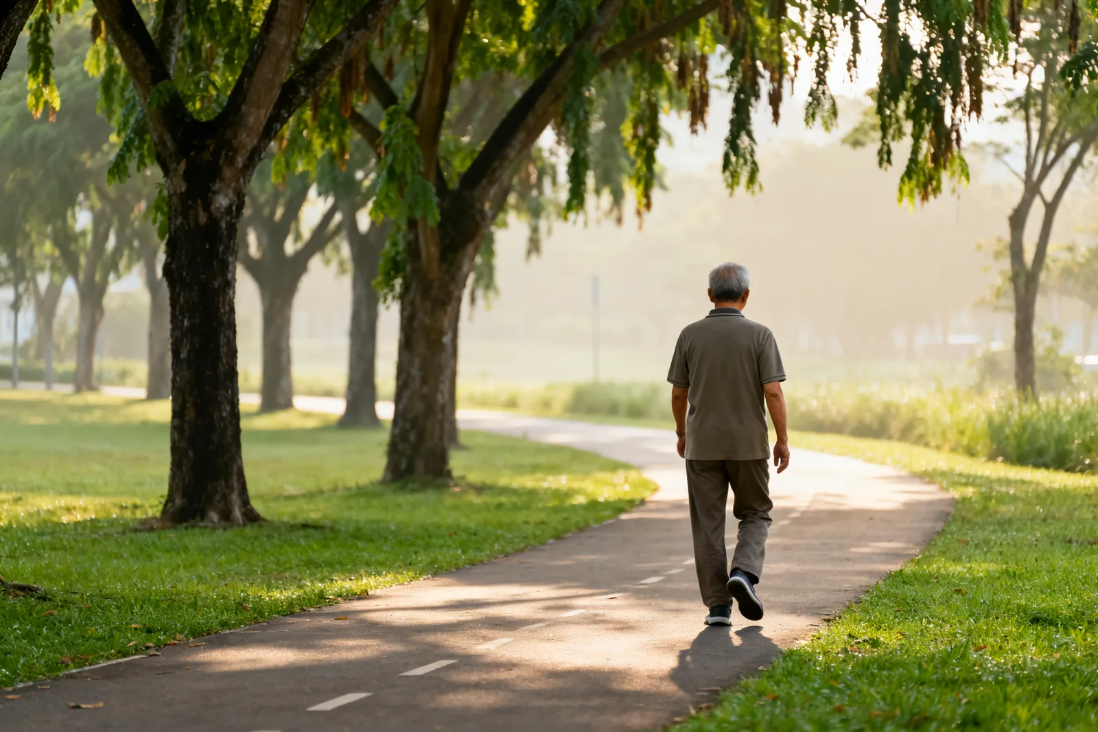 An older man walking along a tree-lined park path in the morning