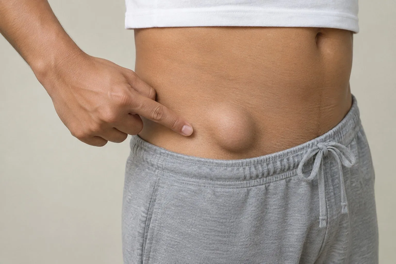 A man pointing to a rounded swelling low in the groin, where an inguinal hernia often shows