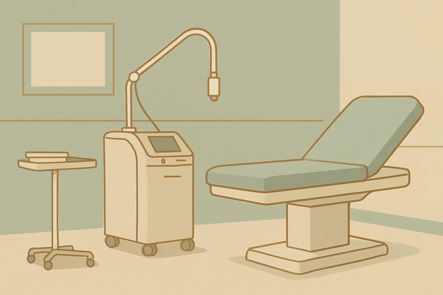 Illustration of a laser unit with its fibre arm beside a treatment bed, as used for laser pilonidal sinus treatment