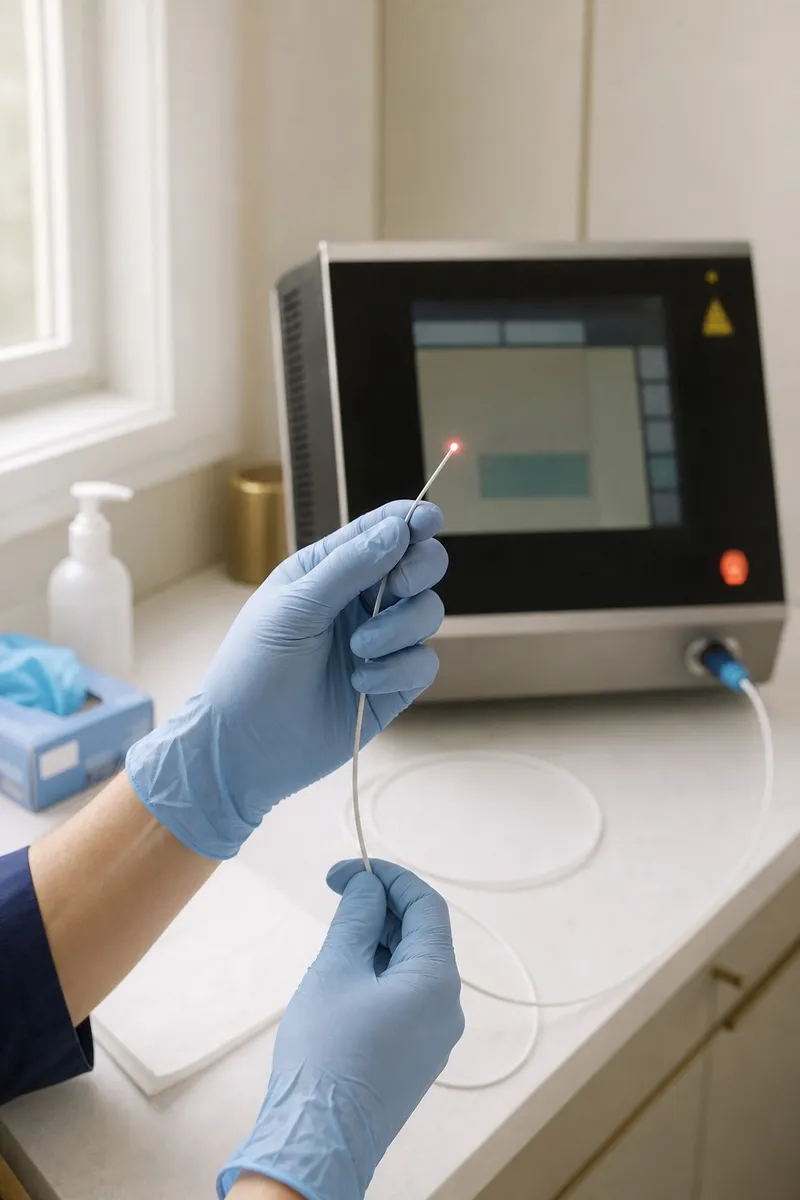 Gloved hands holding a thin laser fibre with a red aiming light at its tip, in front of a diode laser machine