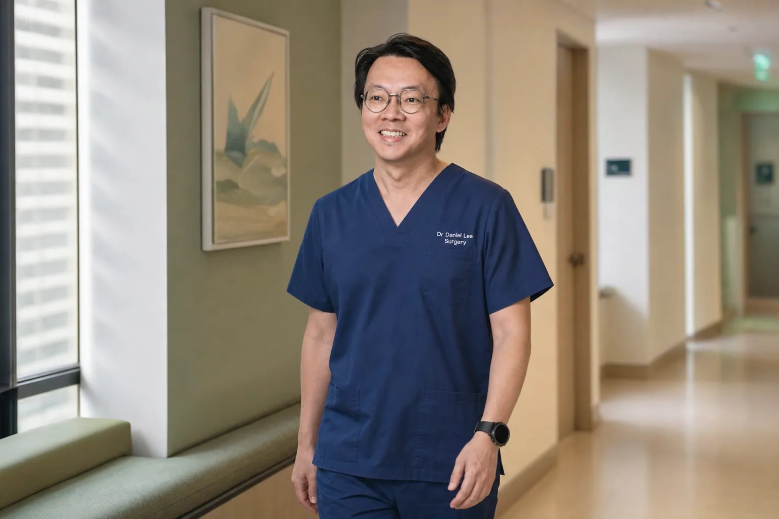Dr Daniel Lee in navy surgical scrubs walking along a hospital corridor