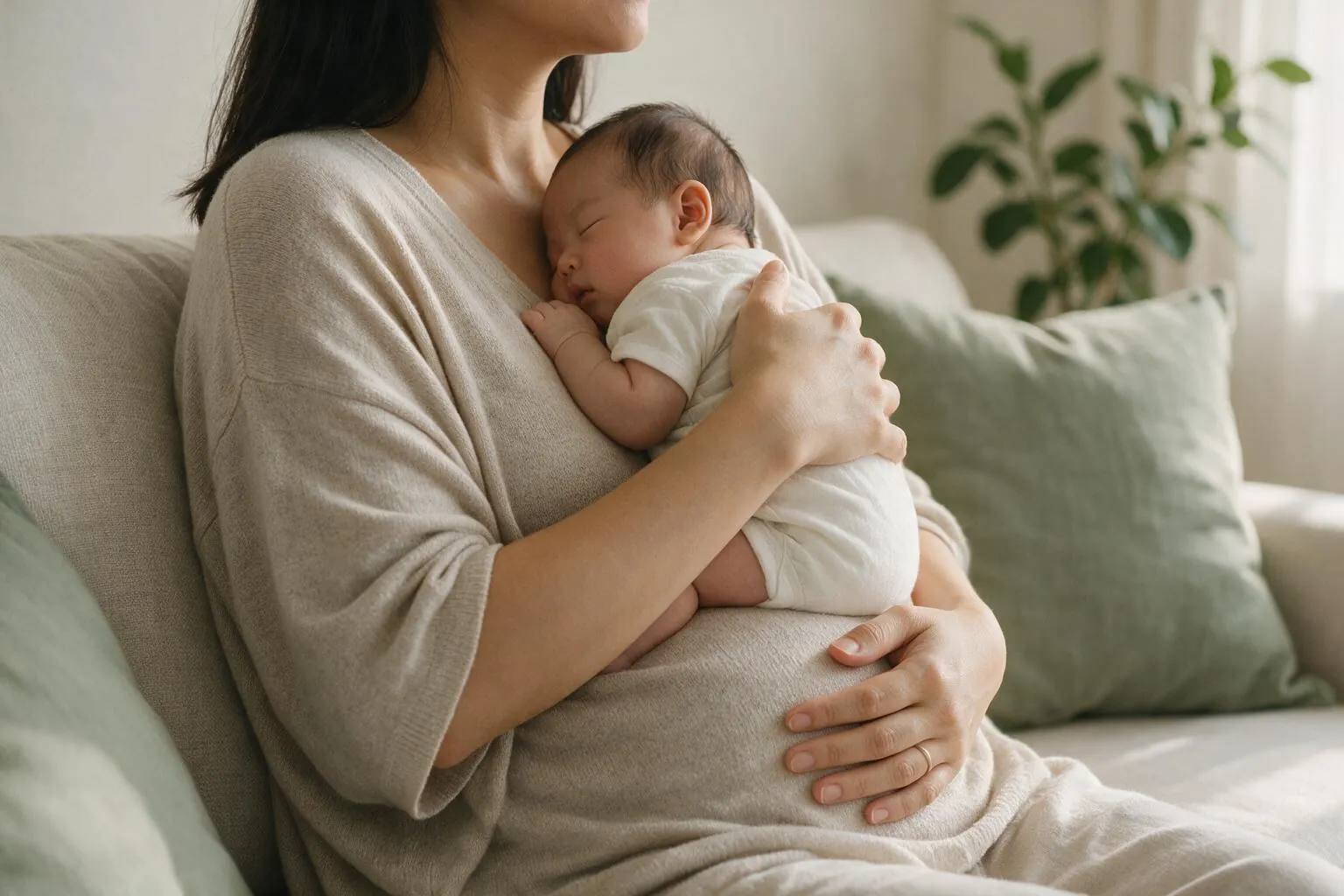 A mother sitting on a sofa at home holding her sleeping newborn, one hand resting on her tummy